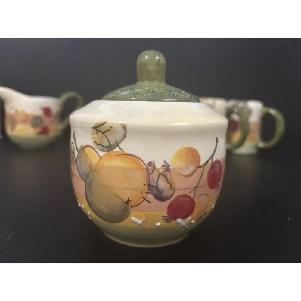 Gibson Fruit Creamer Sugar/Lid Salt and Pepper Shakers Green Handle Farmhouse